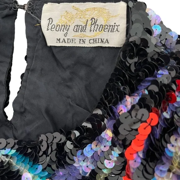 Vintage Multicolored Geometric Print Sequin Long Sleeve Blouse Peony and Phoenix - Picture 5 of 10